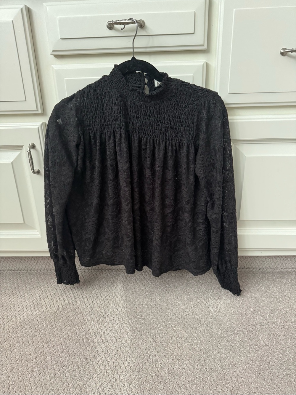 Deletta Black Lace Smocked Mock-Neck Blouse